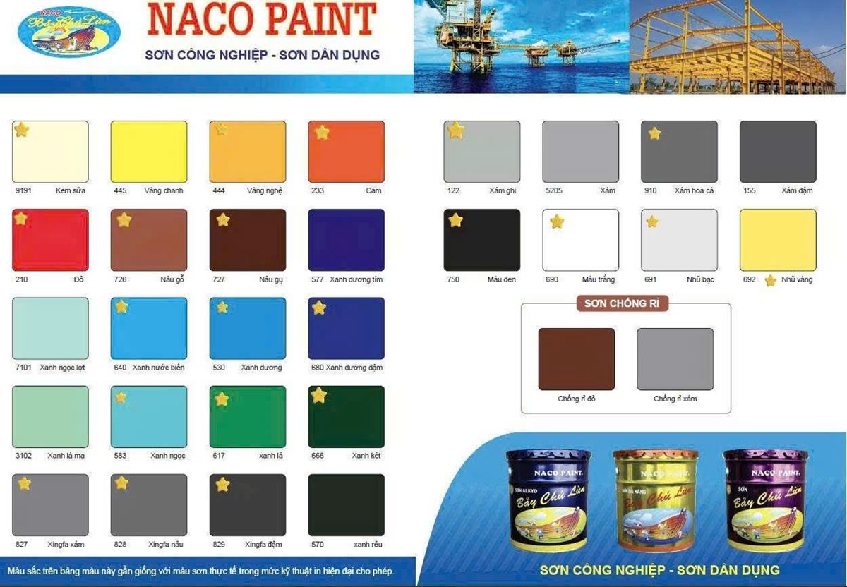 Bảng màu sơn NACO Bảy Chú Lùn: các màu sơn dầu, sơn sắt và sơn chống rỉ